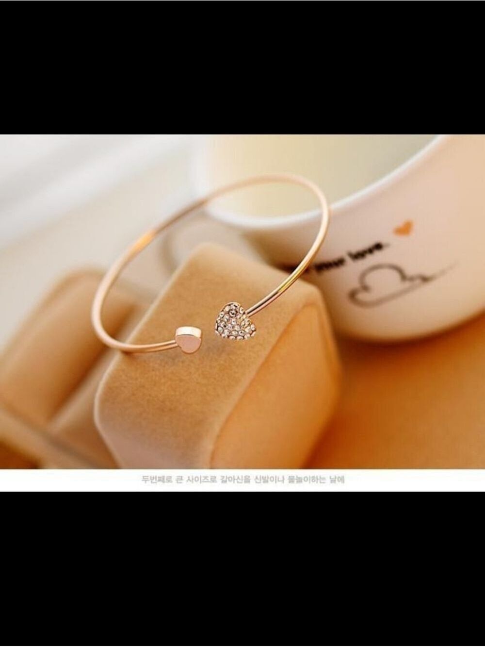 Rose Gold Alloy Heart Rhinestone Open Cuff Bangle Bracelet - Picture 6 of 12